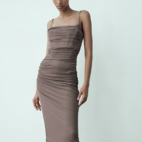 NWT NUDE MINK DRAPED TULLE EVENING MIDI DRESS - Picture 1 of 8